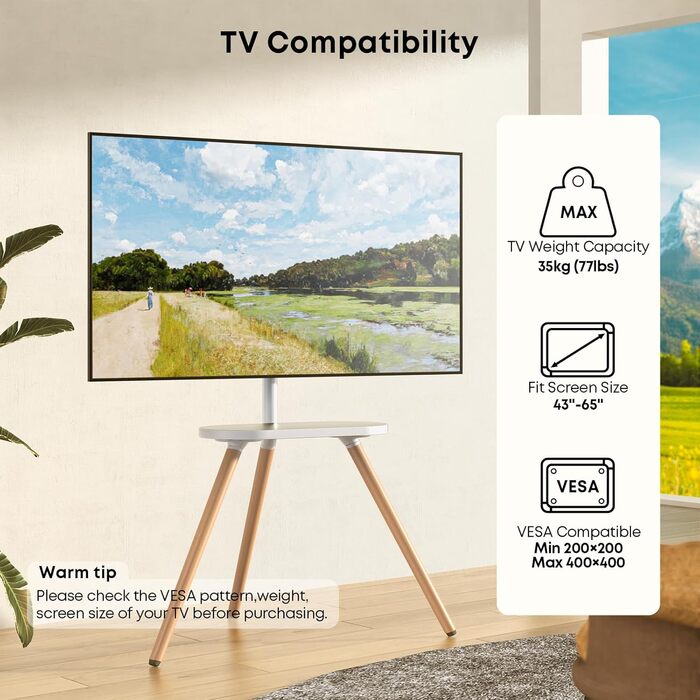 Adjustable TV Stand for 43-65 inch TVs - White Wooden Base with VESA 400x400 Support (35kg Capacity)