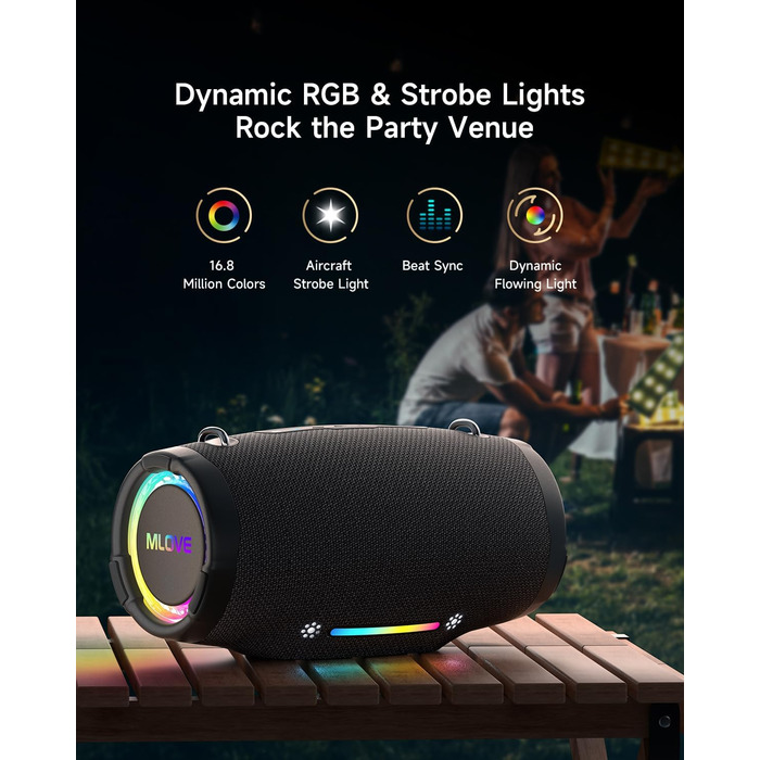Портативна Bluetooth колонка MLOVE E90 80W з RGB підсвіткою, водонепроникна IP65, TWS, стереозвук для вечірок на природі