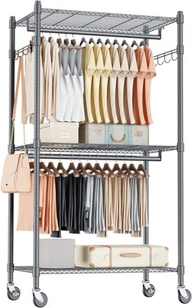 Double Clothes Rack/Garment Rod with Adjustable Shelves, Heavy-Duty Clothes Rack with 2 Hooks, Clothes Rack with Wheels, 90 * 42 * 205cm, White (Gray, 60*42*205cm)