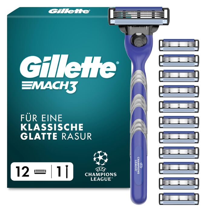 Бритва Gillette Mach 3 Standard для чоловіків, металевий корпус, синій/сірий, набір: станок + 12 змінних касет