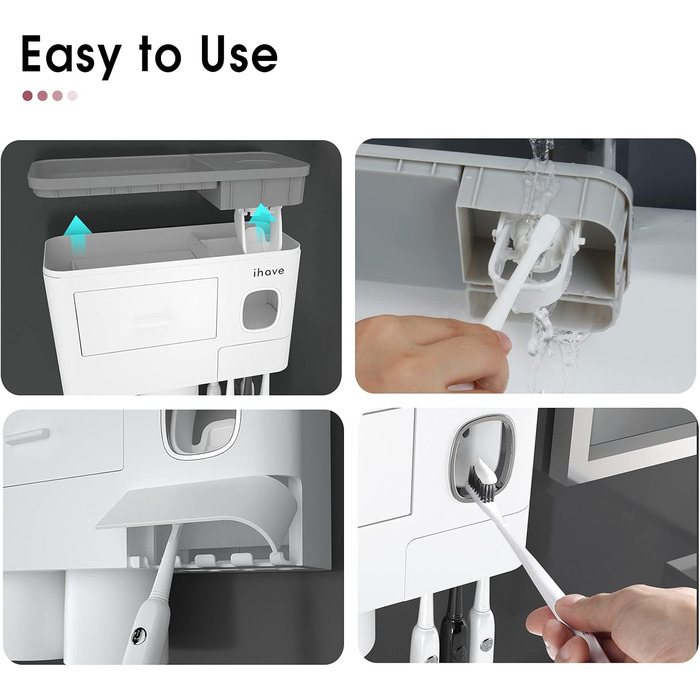 I have toothbrush holders for bathroom decor, 2 cup toothbrush holders wall-mounted with toothpaste dispenser, bathroom accessories with a large-capacity tray, and a cosmetic drawer.