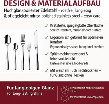 Набір столових приборів 60 предметів для 12 осіб з нержавіючої сталі – елегантний набір, полірований до блиску, безпечний для посудомийної машини, стійкий до корозії. Модель 4