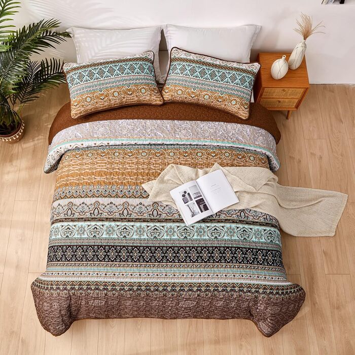 WONGS BEDDING Quilt Cover 220x240 Bedspread Bohemian Throw Blanket Stepped Quilt 3-Piece Double Bed Quilted Blanket Microfiber Living Blanket with 2 Pillowcases 50x70 for Bedroom as Sofa Cover (Bohemian) (220x240 cm, Brown)