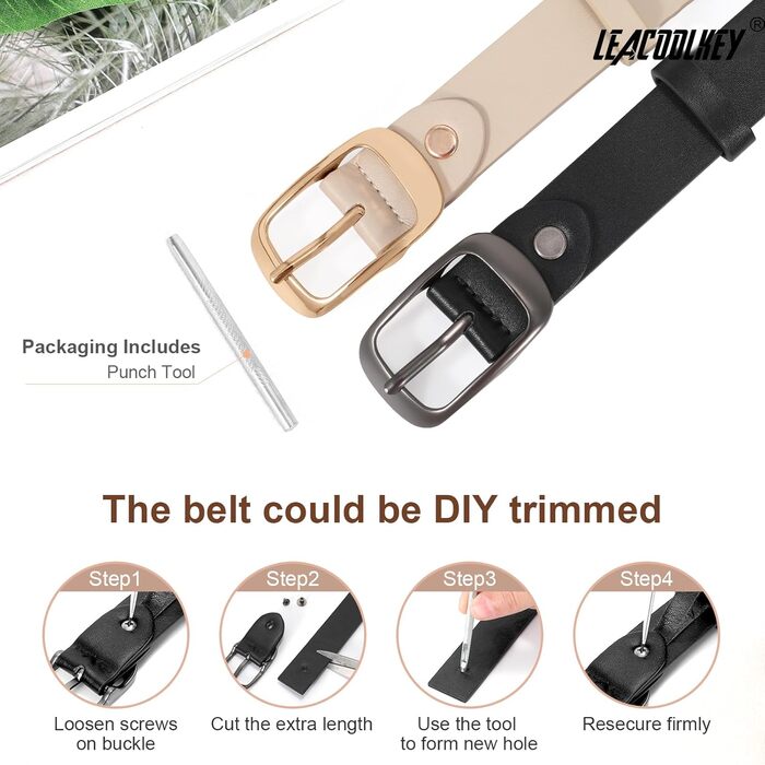 LEACOOLKEY: 2 жіночі шкіряні ремені з пряжкою Gold, для джинсів та штанів, чорний+бежевий, XXL, розмір 117-127 см