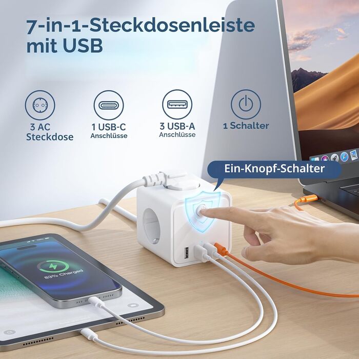 Мережевий фільтр (подовжувач) 7 в 1 з USB-портами, 3 розетки, з вимикачем, кабель 2м, білий — для дому та офісу