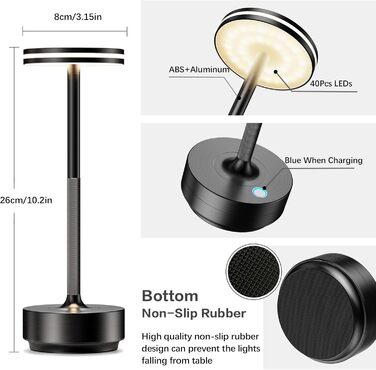Світлодіодна настільна лампа Hapfish акумуляторна, бездротова, з димером, 5000mAh, 3 режими освітлення, водонепроникна IP54, для столу, вулиці, спальні - комплект 2 шт. Чорна