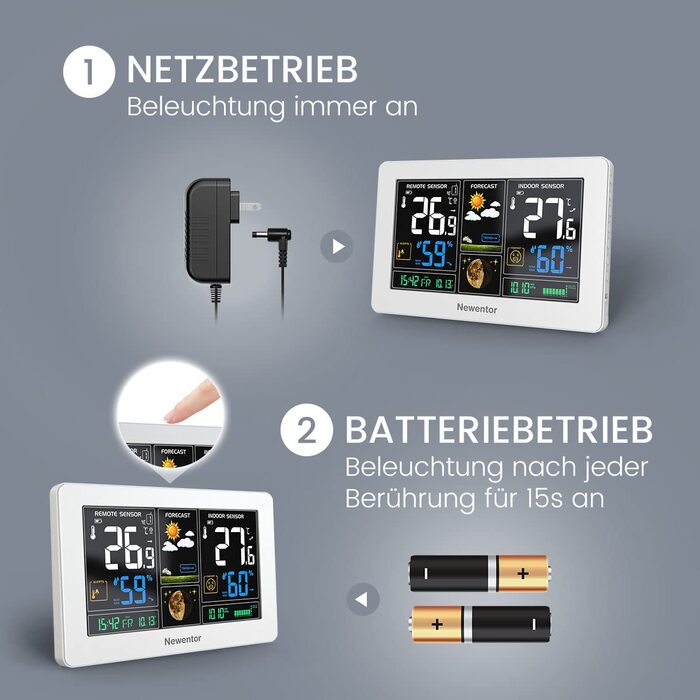 Newentor Weather Station Radio with 3 Outdoor Sensors - Radio Weather Station with Weather Forecast, Temperature Warning, DCF Radio Clock - Battery Powered and Mains Powered, White 1*Station + 3*Outdoor Sensor White