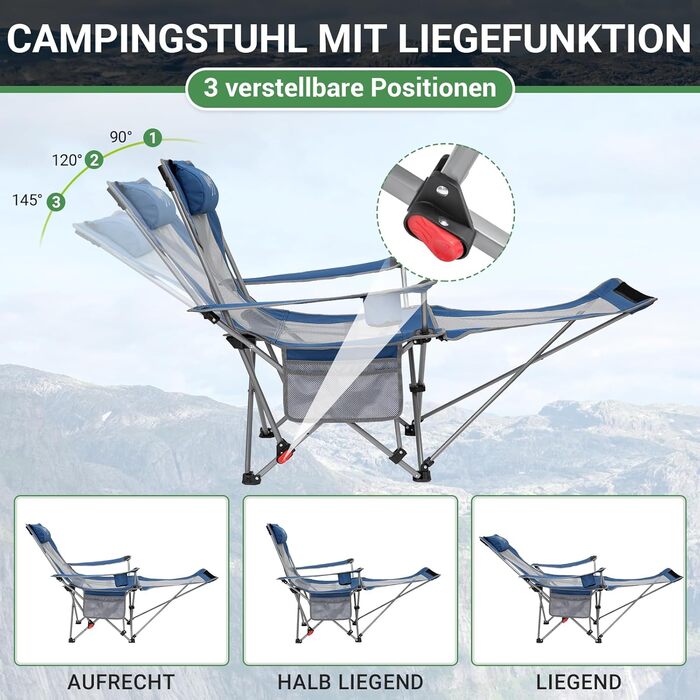 Кемпінговий стілець-розкладний WEJOY 2-в-1 з підставкою для ніг та підсклянником, блакитно-сірий