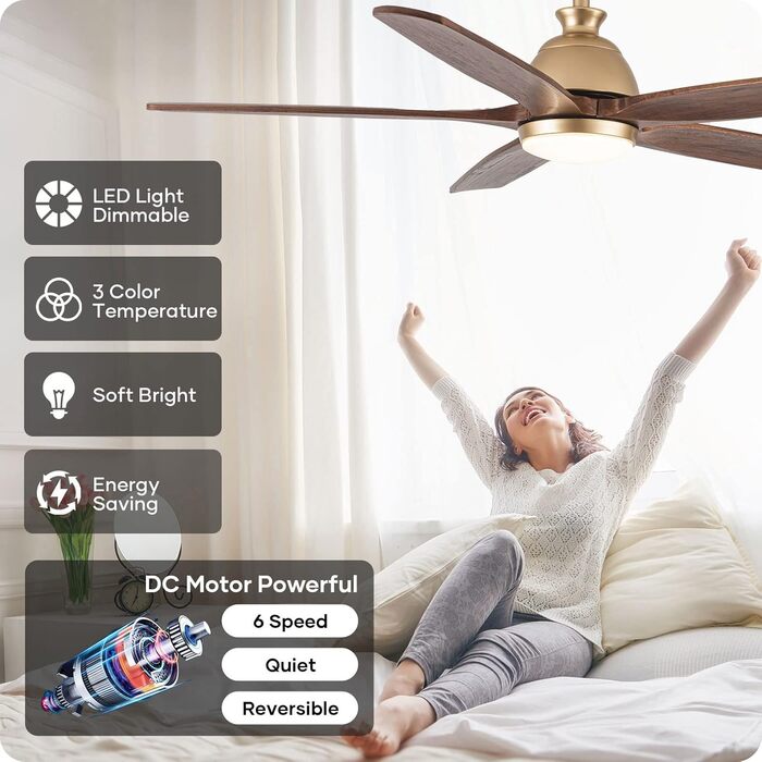 Дзеркальний вентилятор для стелі з дерева, без освітлення, з пультом керування, тихий, для вологого приміщення, 132 см (52 дюйми), коричневий, 5 лопатей