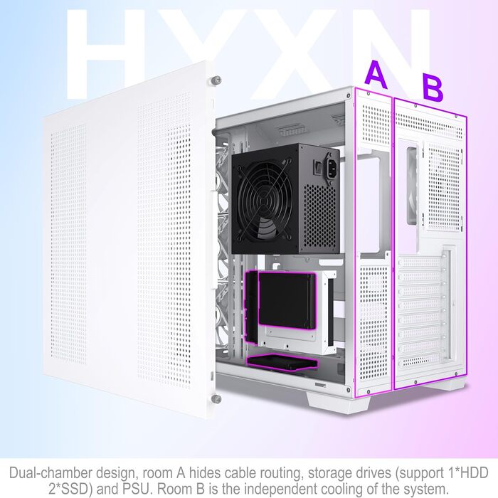 Корпус для ПК HYXN H1 ATX з 7 вентиляторами PWM ARGB, Mid Tower, Dual Chamber, Type-C, підтримка 3x360 мм кулерів (білий)