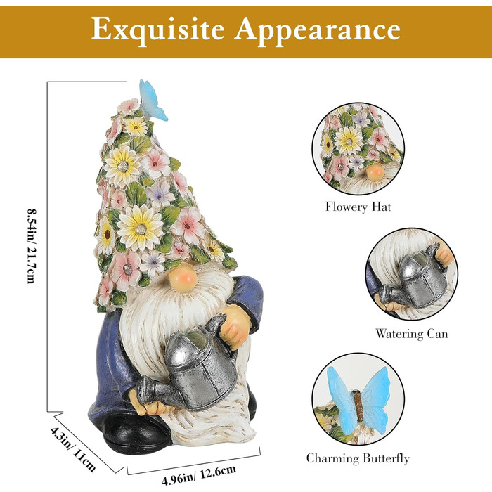 Lewondr Solar Garden Gnome Outdoor Garden Decor, Waterproof Resin Gnome Garden Figurine with Watering Can, Sculpture Garden Decoration with Warm Light Gift for Lawn Yard Patio Veranda