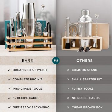 Bare Barrel® Cocktail Shaker Set - 14 Piece Mixology Bar Set with Boston Shaker, Martini Accessories, & Recipe Cards - Perfect Home Bar Gift Set
