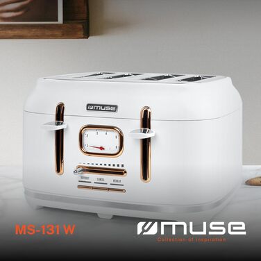 Тостер Muse MS-131 BC з нержавіючої сталі, 4-х місний, ретро дизайн, 6 рівнів підсмажування, з підсвічуванням, з лотком для крихт (білий)