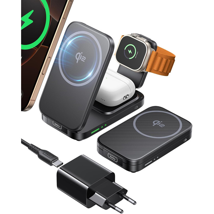 Станція зарядки INIU для iPhone 3 в 1, 15W, Qi2, магнітна, складна, MagSafe, для Apple Watch, iPhone 17/16/15/14/13/12, AirPods (з адаптером), чорна