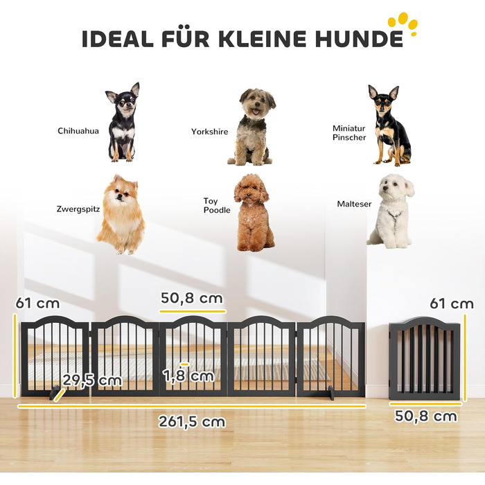 Захисний бар'єр для собак PawHut 5-секційний, 261,5 x 61 см, розкладний, з дверцятами, білий