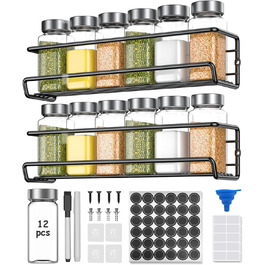 Спецівник для спецій з 24 скляних баночок та етикетками, без свердління, підвісний, для стін та шаф, органайзер для спецій, набір 4 шт. (24 баночки з нержавіючою сталлю)