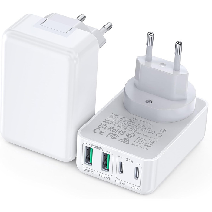 Зарядний пристрій USB-C 65W з 3 портами, кабель 2м, для MacBook, iPhone, Switch, Galaxy, Tablet, Laptop
