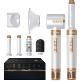 UKLISS Airstyler Pro 7-в-1: Фен-стайлер з авто-локоном, щіткою, випрямлячем, мультистайлером, зменшенням пуху, без екстремального нагріву, білий/золотий