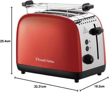 Russell Hobbs Toaster [for 2 slices] Colours Plus Stainless Steel Red (extra wide slots, includes bagel attachment, 6 browning levels + defrost function, Lift & Look function, 1600W) 26554-56 Toaster Compact NEW