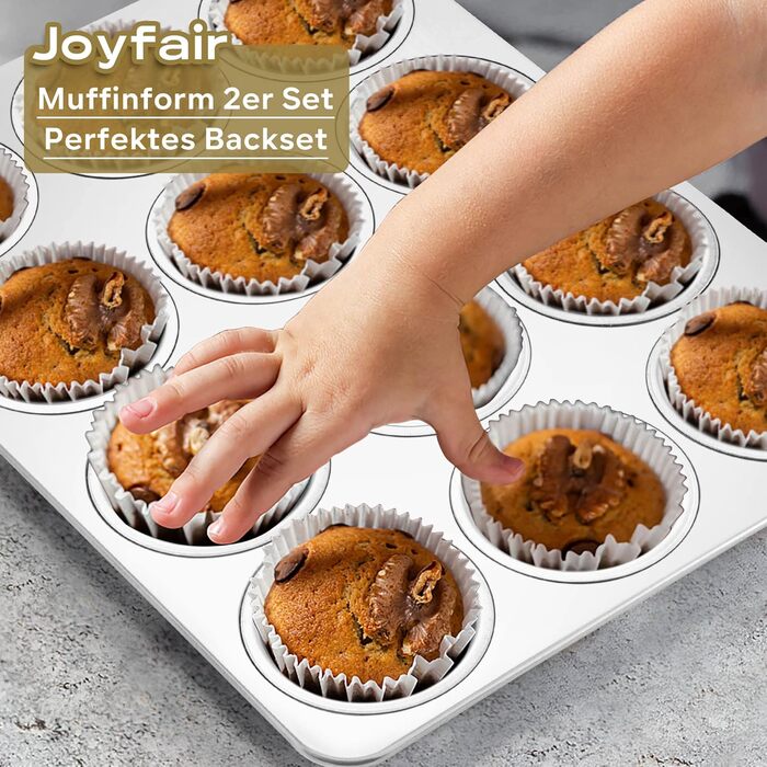 Joyfair Muffin Tin 2-Piece Set, Stainless Steel Muffin Sheet for 12 Muffins, Muffin Baking Pans 35 x 27cm, Muffin Baking Pan for Cupcakes, Brownies, Pudding, Cake, Non-Toxic & Healthy, Oven & Dishwasher Safe