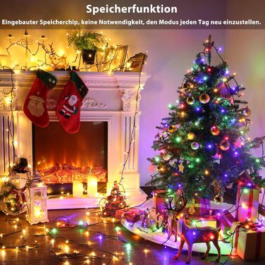 Ланцюжок прикрас Joomer 200 LED, 20 метрів, на батарейках з таймером, 8 режимів, вологостійкий, для декорування ялинки, саду, вечірки, шлюбу, внутрішнього та зовнішнього використання, тепле біле світло, зелений кабель