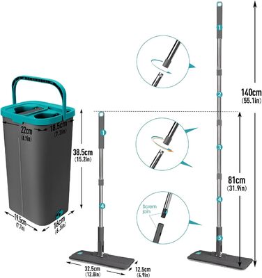 Masthome Mop Set with Bucket, 2-in-1 Mop Bucket, Flat Mop with 6 Microfiber Mop Pads, Hands-Free Mop Set and Bucket for Hardwood, Tile, Laminate, Marble, Floor Cleaning