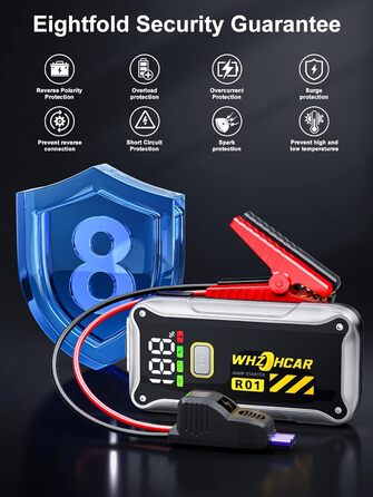 Powerbank Starthilfe 4000A: портативний пусковий пристрій для автомобіля 12V з LCD дисплеєм та LED ліхтариком. Підходить для бензинових (9.0L) та дизельних (7.5L) двигунів. Ідеально для SUV, мотоциклів та газонокосарок. Чорний колір.