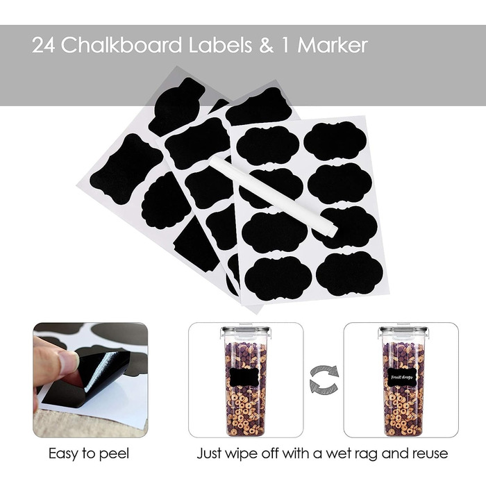 Набір контейнерів для зберігання Vtopmart 4L, 4 шт. з герметичними кришками, для круп, мюслі, BPA-free, з ручкою та етикеткою