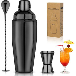 Набір шейкер для коктейлів 750 мл: професійний барменський набір з вбудованим ситом, мірним стаканчиком та ложкою. Ідеально для Мартіні, Маргарити та міксологiчних напоїв. Чорний.