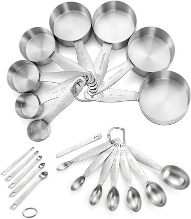 Measuring cup and spoon set, 21-piece, made of 18/8 stainless steel, durable, 8 measuring cups, 7 measuring spoons, 1 leveler & 5 mini measuring spoons, ideal for dry and liquid ingredients