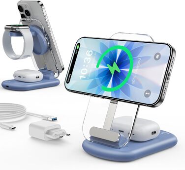 Підставка для зарядки MagSafe 3-в-1 для iPhone 17/16/15/14/13/12 Pro Max/Air/Plus/Pro та Apple Watch 10/9, AirPods 3/2/Pro (блакитна)