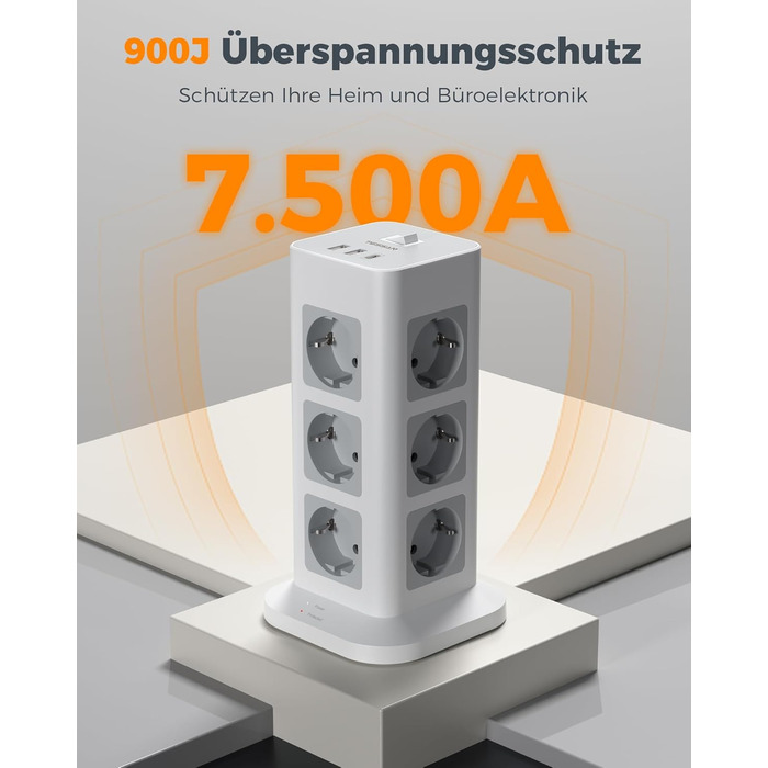 Многорозеткова смуга TESSAN із захистом від перенапруги, 3600W, 16A, 12 розеток, 2 USB-A, 1 USB-C, кабель 2м, сіра