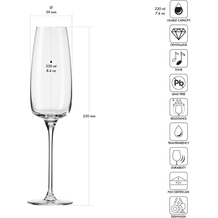 Набір келихів Krosno для білого, рожевого вина та Prosecco, 4 шт, об'єм 650/480 мл, сучасна колекція, ідеально для дому, ресторану та кухні, безпечні для миття в посудомийній машині