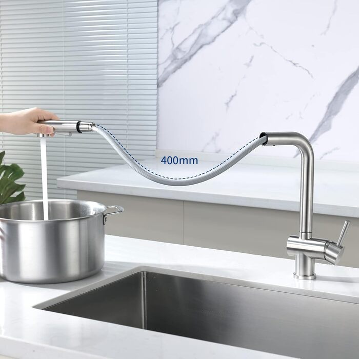 Змішувач кухонний CECIPA Hochdruck, висувна модель з донцем, шлангом та двома струменями, чорний, нержавіюча сталь, 360° обертання, ×207B (L-подібний, матовий нержавіюча сталь)