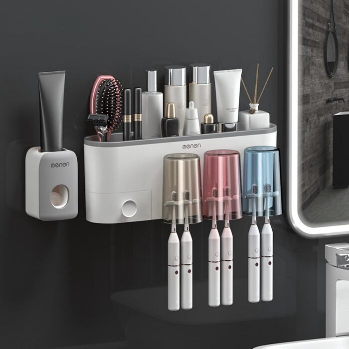 Drill-free toothbrush holder, wall-mounted, bathroom shelf with 1 automatic toothpaste dispenser, 6 brush hooks, 1 cosmetic drawer, organizer, and ample storage space (1 dispenser + 3 cups)
