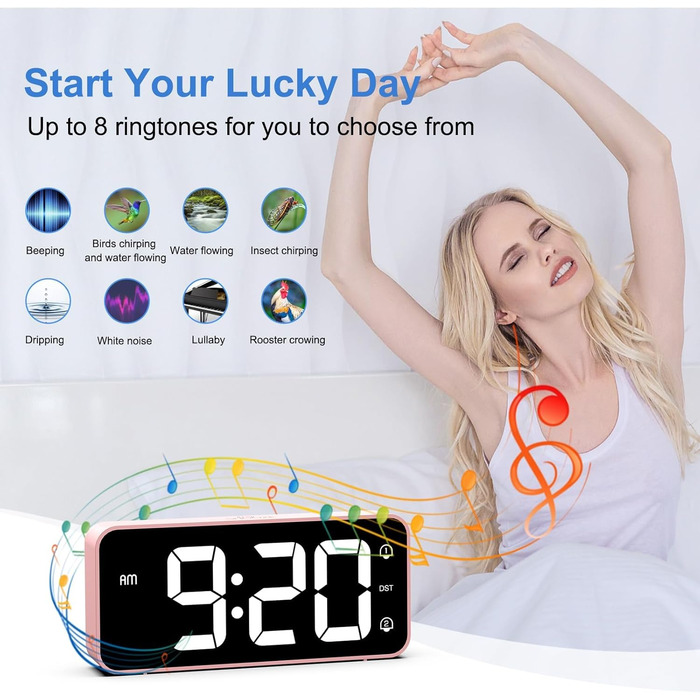 LED-годинник LATEC з двома будильниками, USB-порт для зарядки, регулювання яскравості, гучність 90-120 дБ, 8 мелодій, 12/24 год, мережевий (рожевий)
