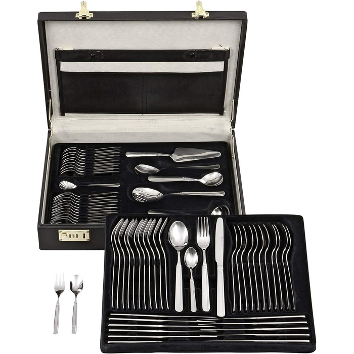 Набір столових приборів Gräwe Leipzig на 12 осіб (68 предметів) з нержавіючої сталі, з кейсом та столовим приладдям для тортів, ручна полірування, придатний для миття в посудомийній машині