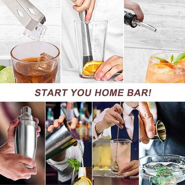 Cocktail Set, Stainless Steel Cocktail Shaker Bar Set, 12-Piece Cocktail Mixer Set with Wooden Stand, Measuring Cups and Bar Spoon, 750ml Shaker Cocktail Set for Home or Bar