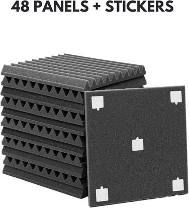 Акустичні панелі для звукоізоляції стін, 48 шт, 30x30x3 см, шумопоглинаючий поролон для студії звукозапису, антрацит (сірий), з клеєм