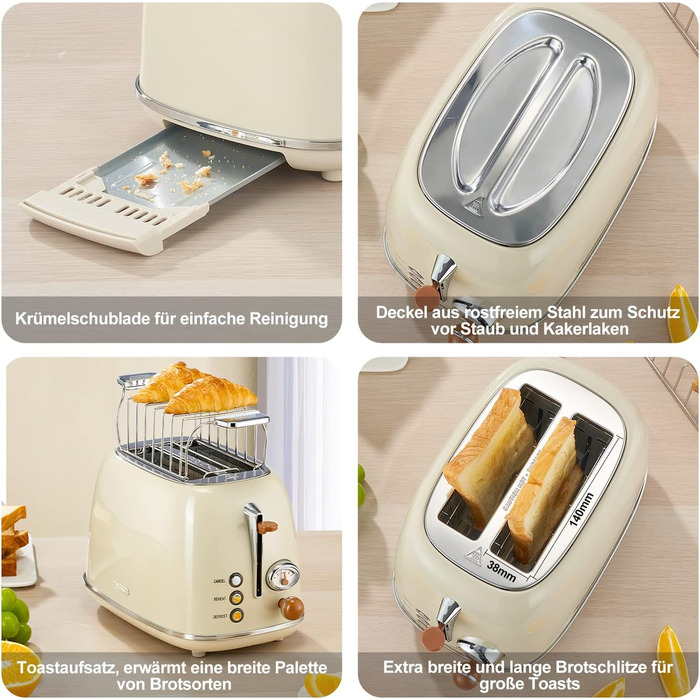 Wiltal Retro 2-Slice Toaster, 6 Adjustable Browning Levels, with High-Quality Bun Warmer, Warming-Defrost-Cancel Function, Countdown Display (milky)