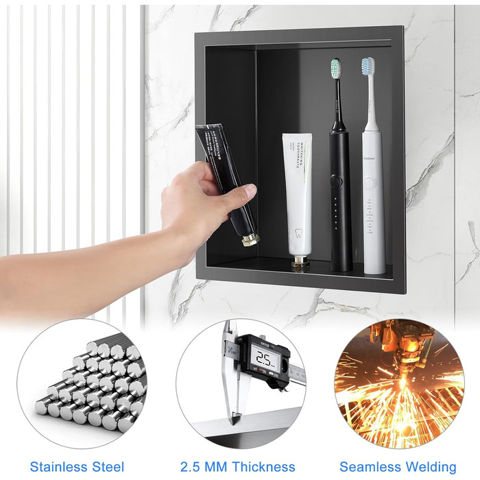KINKIBOS Wall Niche Shower Stainless Steel, No Tiles Required, Recessed Shower Niche 30 x 30 x 10 cm, Shower Niche Single Shelf Storage Grey Black