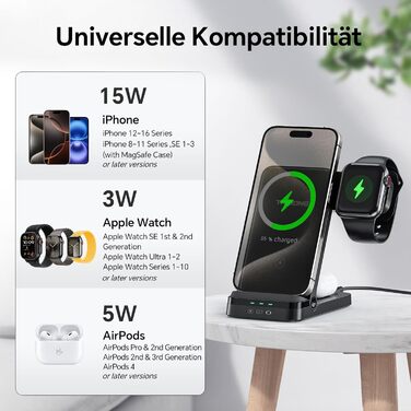 Бездротовий зарядний пристрій 3-в-1, складаний, швидка зарядка для iPhone 15/14/13/12/11 Pro Max, XR, XS, 8 Plus, Apple Watch 9/8/7/6/5/4/3/2 SE, AirPods Pro 3/2 (Чорний)