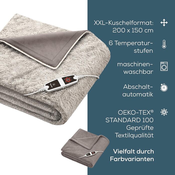 Електрична ковдра Beurer HD 150 XXL Nordic: 200x150 см, 6 температурних режимів, автоматичне вимкнення, машинне прання, тепла пухнаста текстура, колір тауп