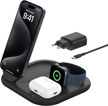 Зарядний пристрій Belkin BoostCharge 3-в-1 з підтримкою MagSafe Qi2, 15 Вт, складаний підставка для iPhone, Apple Watch, AirPods, з адаптером живлення – Чорний