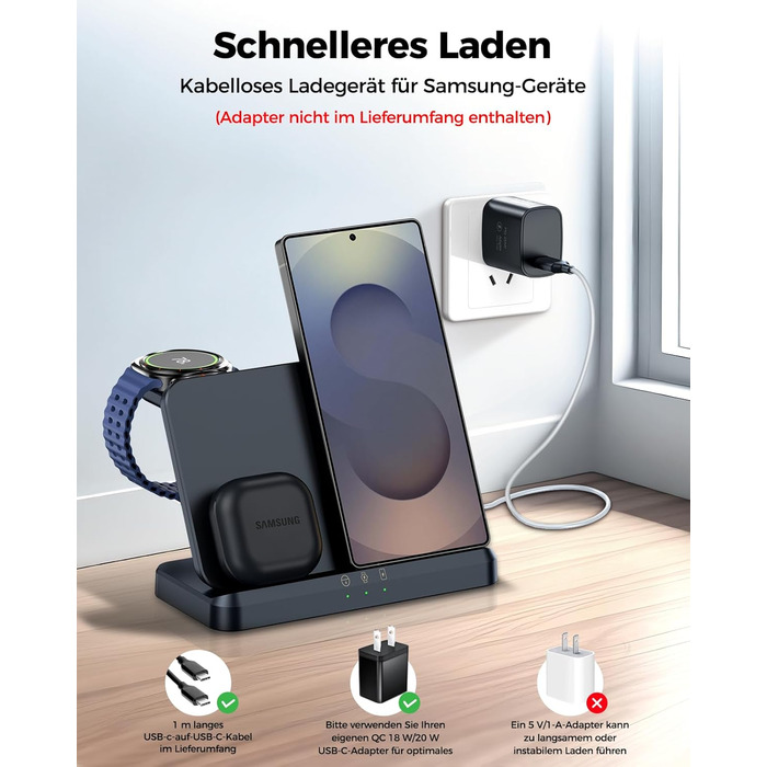 Бездротова зарядка EGV 3-в-1 для Samsung Galaxy S25 Ultra/S24/S23, Z Fold/Flip 7/6, Buds, Watch Ultra/8/7, знімний адаптер, чорний