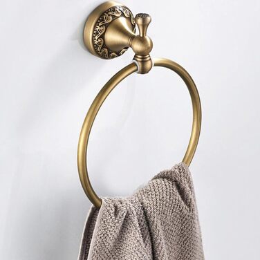 Brass toothbrush holder, antique bronze finish, cup holder with white ceramic cup, wall-mounted, bathroom accessory, patterned carving design (towel ring)