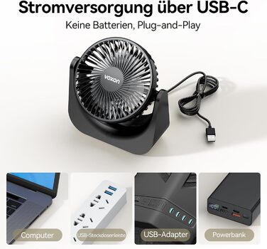 Настільний USB-вентилятор VOXON, міні-вентилятор з 5 швидкостями, безшумний портативний вентилятор для офісу та дому, кабель 1.5м, чорний