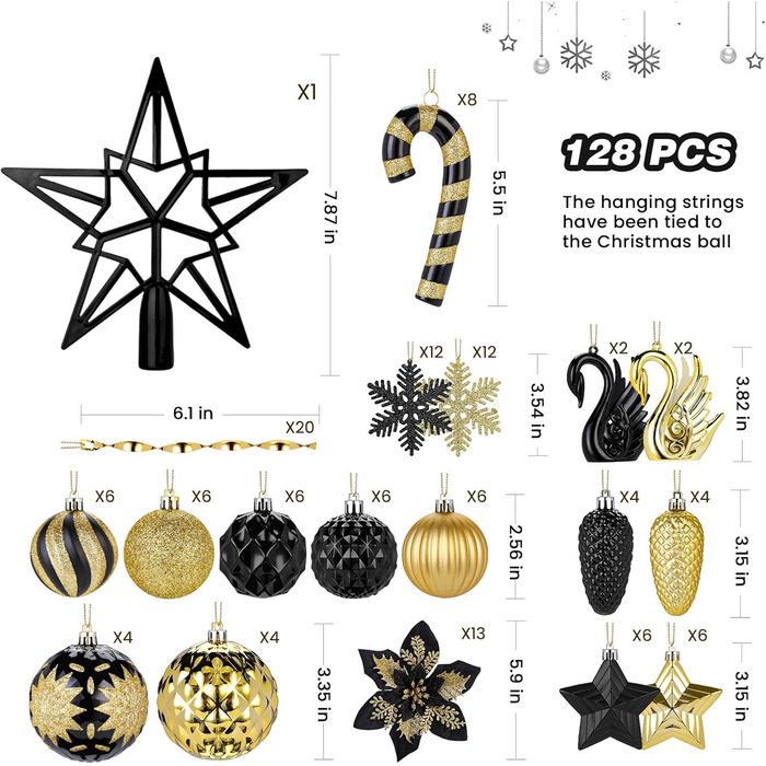Набір прикрас для ялинки Alupssuc 128 шт. - ялинкові кулі, квіти, орнаменти, червоно-золотий, для свят, вечірок, з гачками