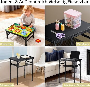 Складний кемпінговий стіл Anbte 58x40 см, алюмінієвий каркас, чорний пластиковий стіл з регульованою висотою (26/48/70 см) для пікніка, саду, балкону з сіткою для зберігання