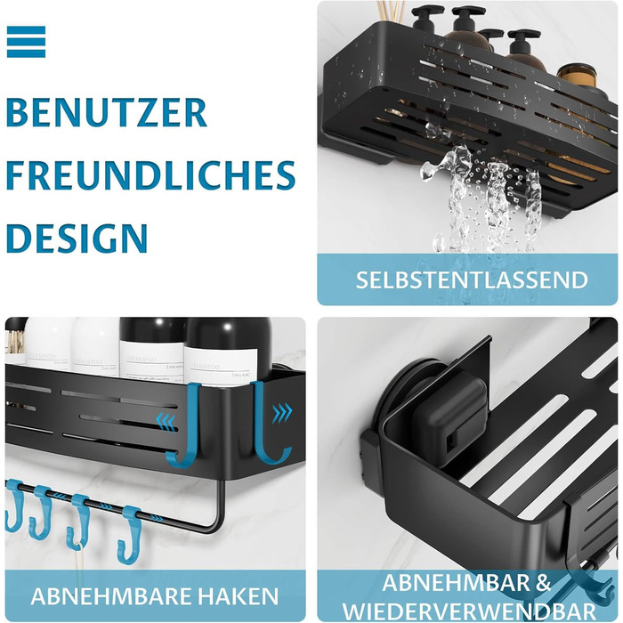 Двошаркова полиця для душу без свердління з присосками, вологостійка, чорна. Організатор для ванної кімнати з тримачем для рушників, шампуню та гелю для душу. Кутова полиця для душу з гачками, 2 шт.